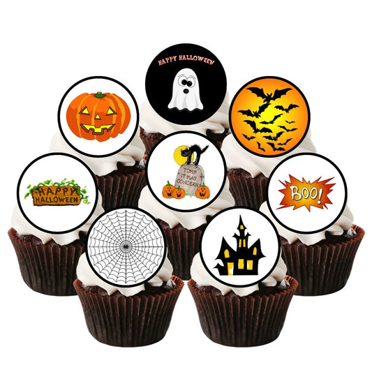 Halloween Edible Cupcake Toppers on chocolate cupcakes with white frosting 