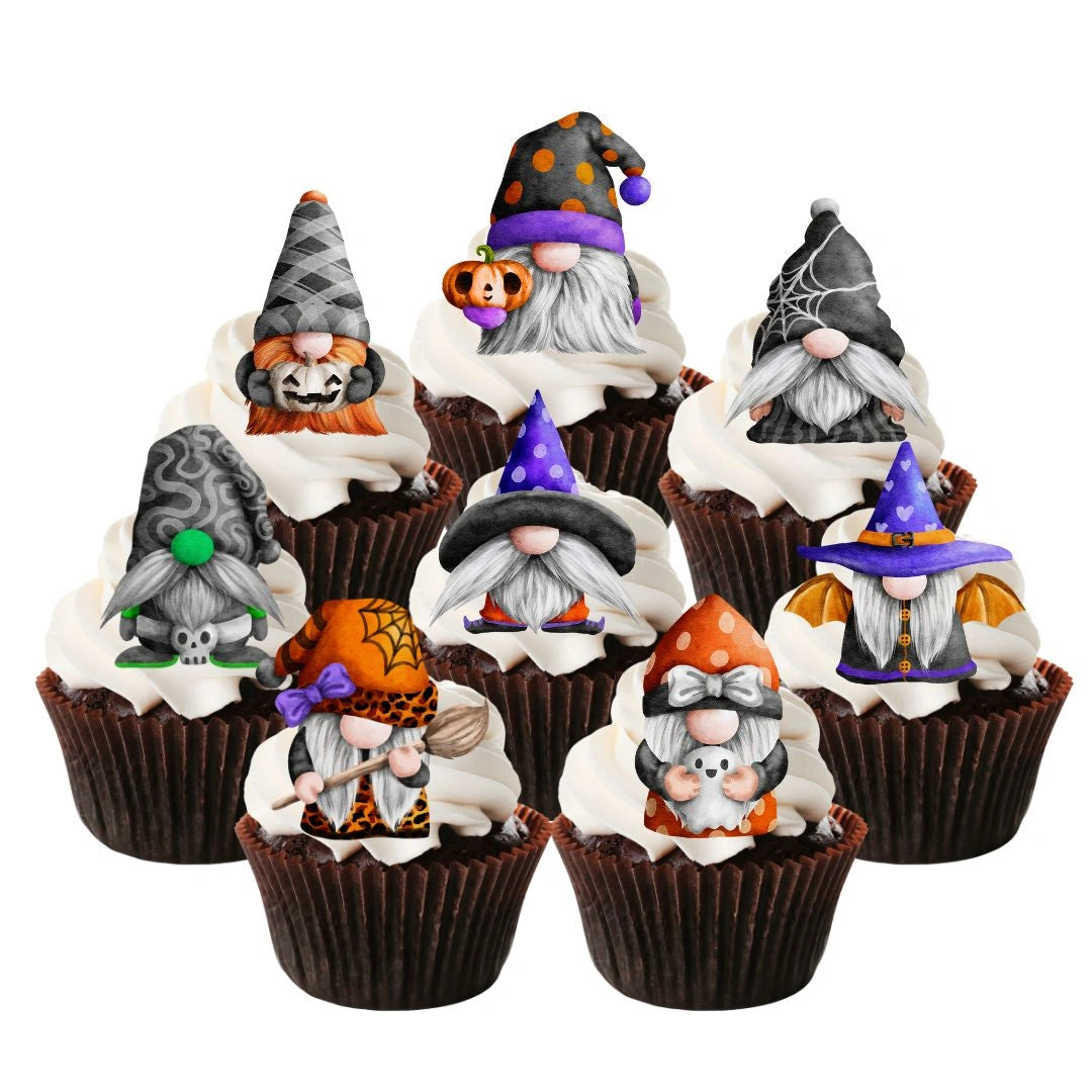 Halloween Gnomes Edible Cupcake Toppers on chocolate cupcakes with white frosting 