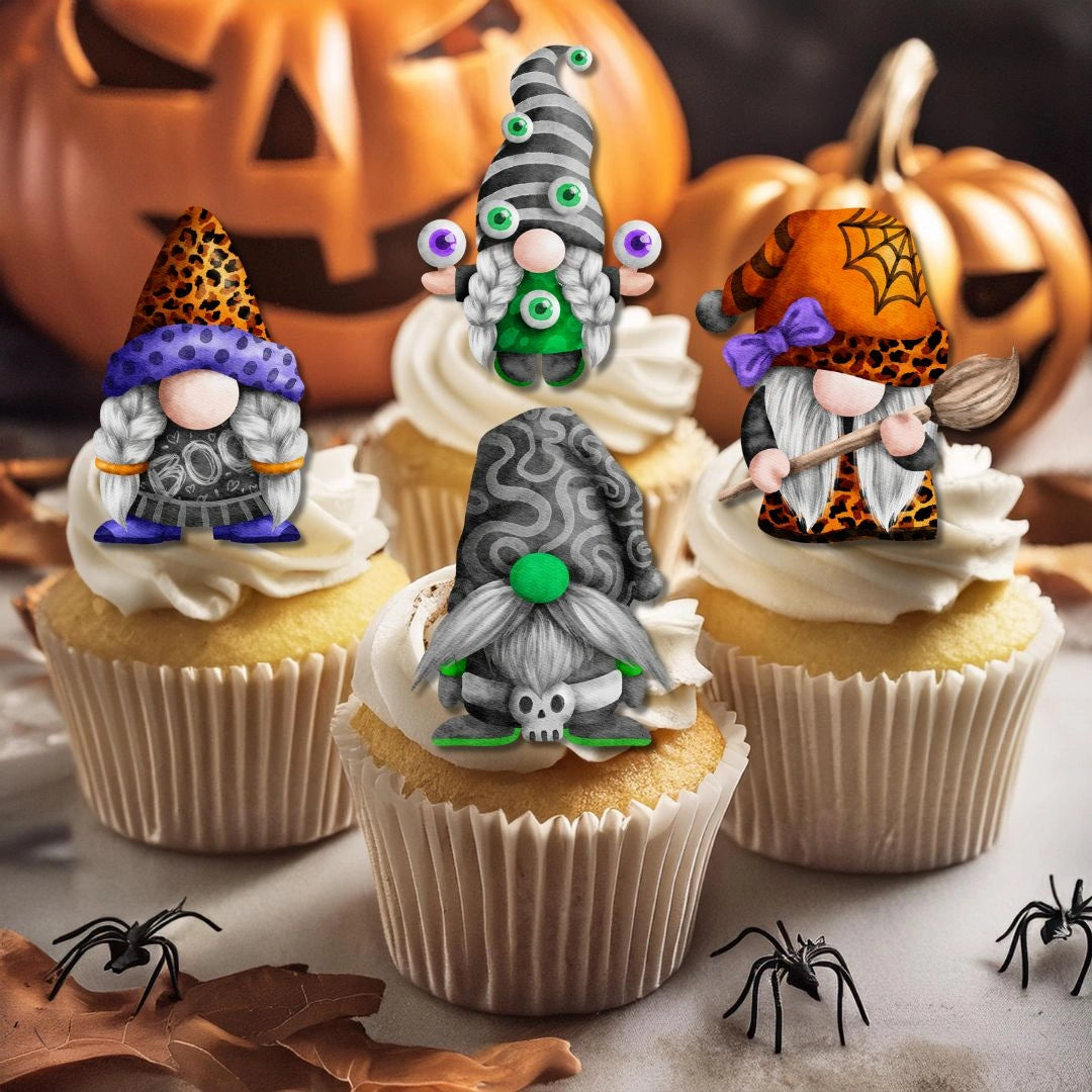 Halloween Gnomes Edible Cupcake Toppers on cupcakes with white frosting 