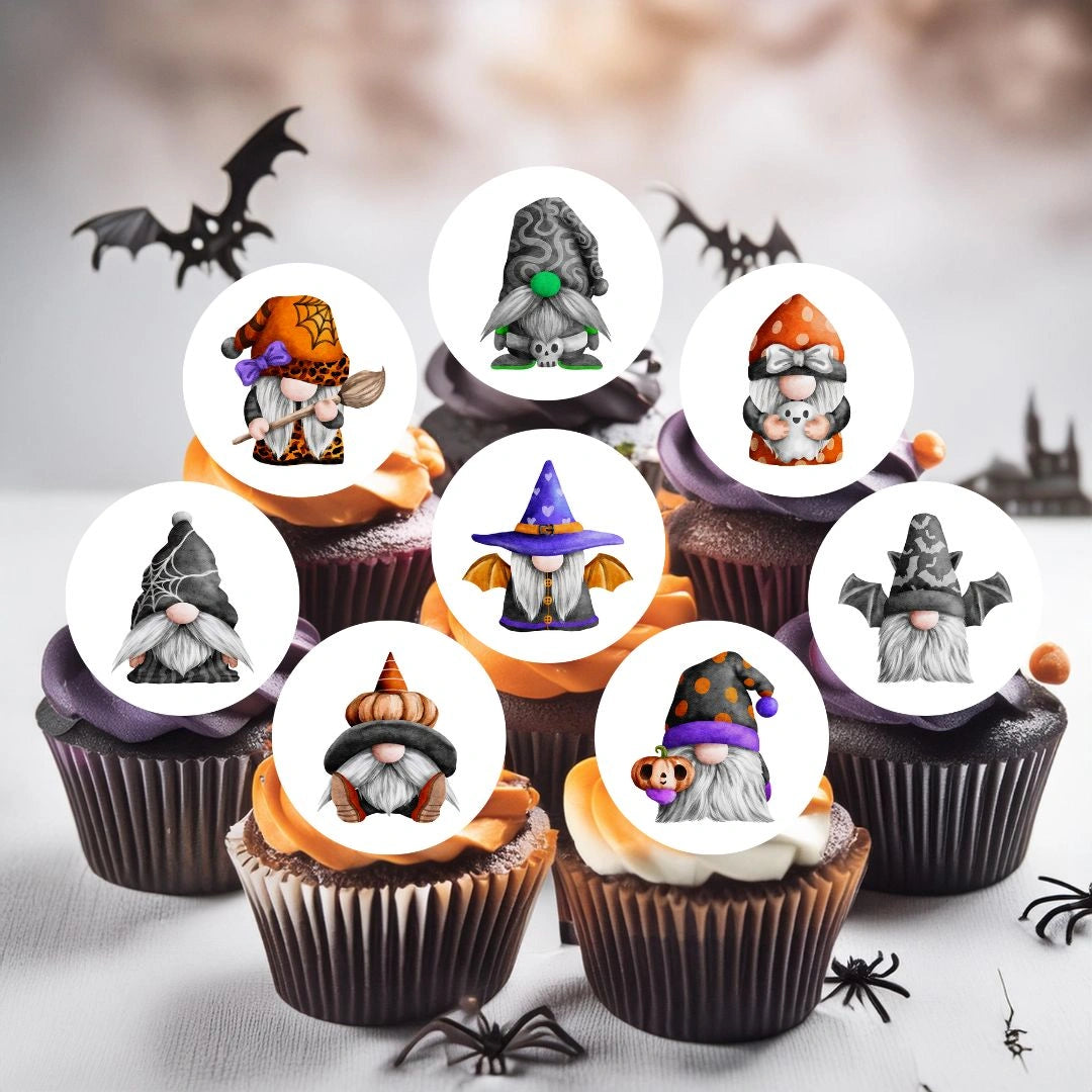 Halloween Gnomes Round Edible Cupcake Toppers on white frosted cupcakes