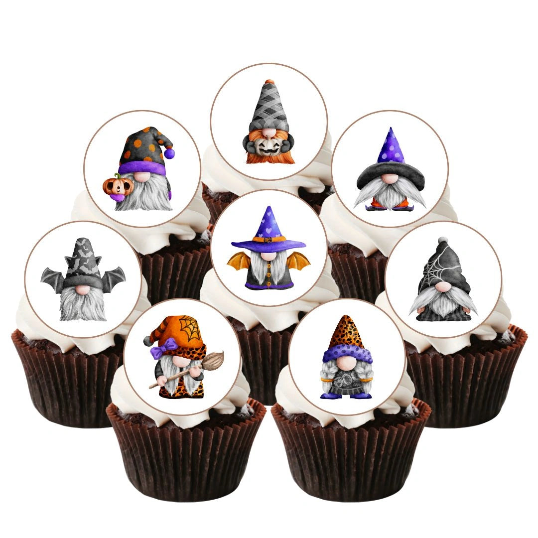 Halloween Gnomes Round Edible Cupcake Toppers on white frosted cupcakes