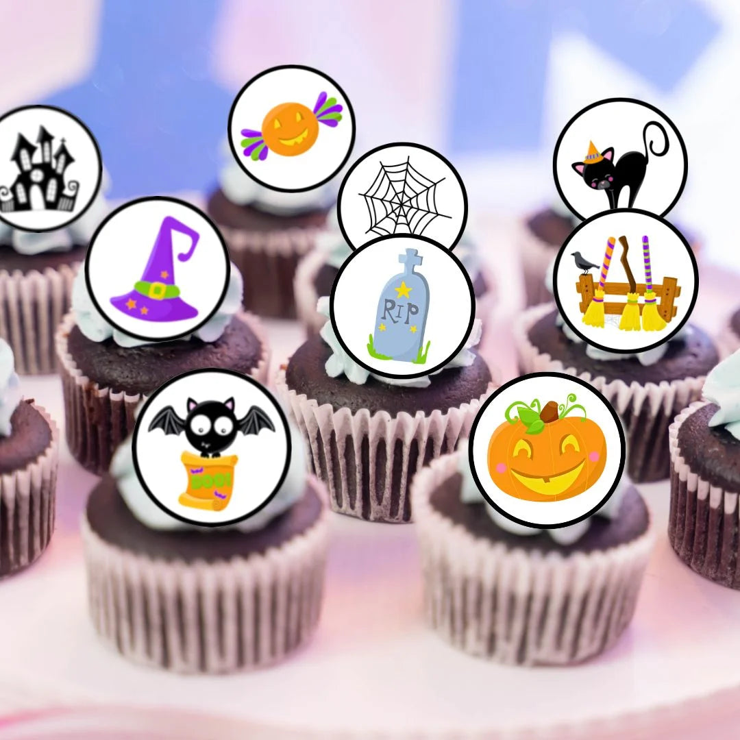 Halloween Theme Edible Cupcake Toppers on chocolate cupcakes with white frosting 