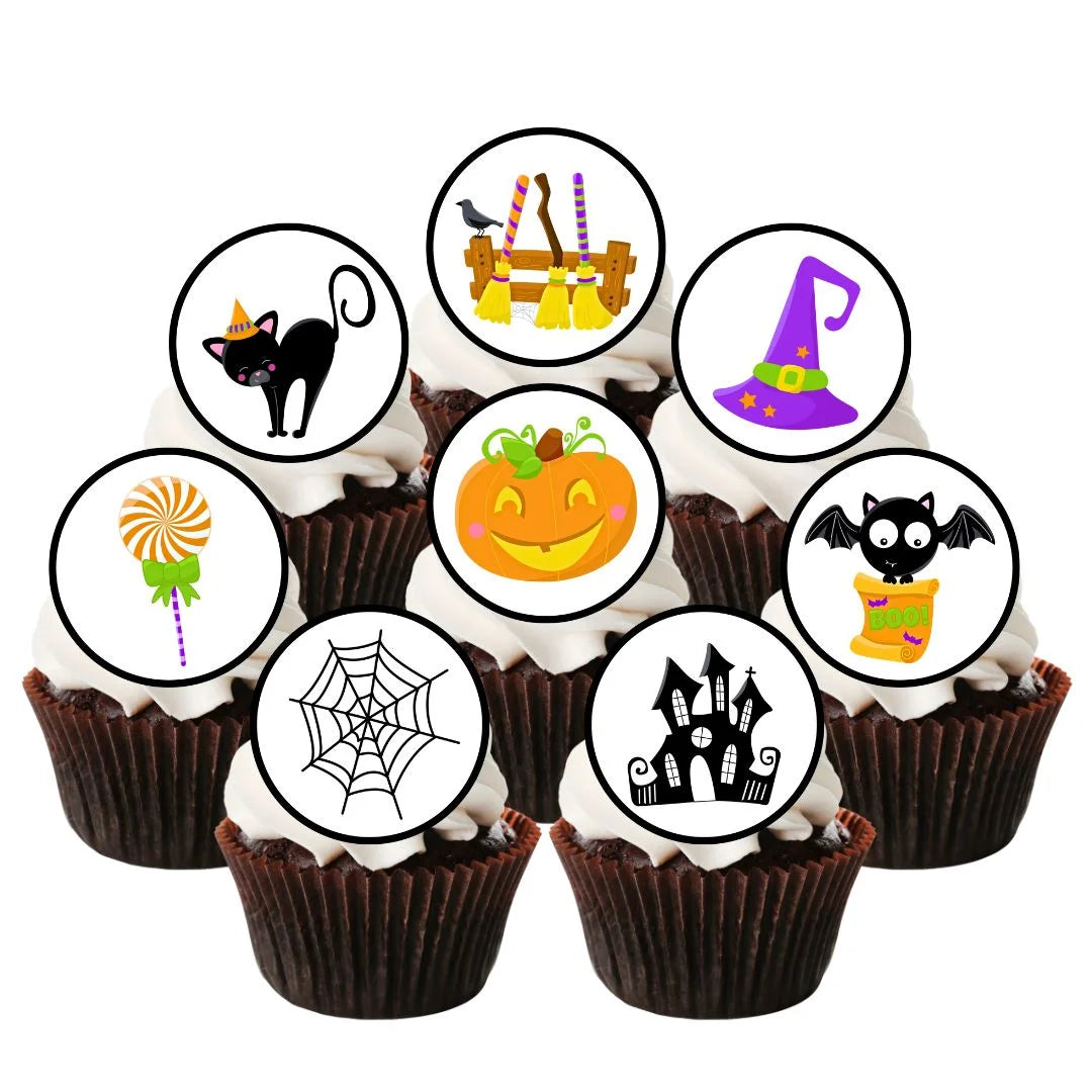 Halloween Theme Edible Cupcake Toppers on chocolate cupcakes with white frosting 