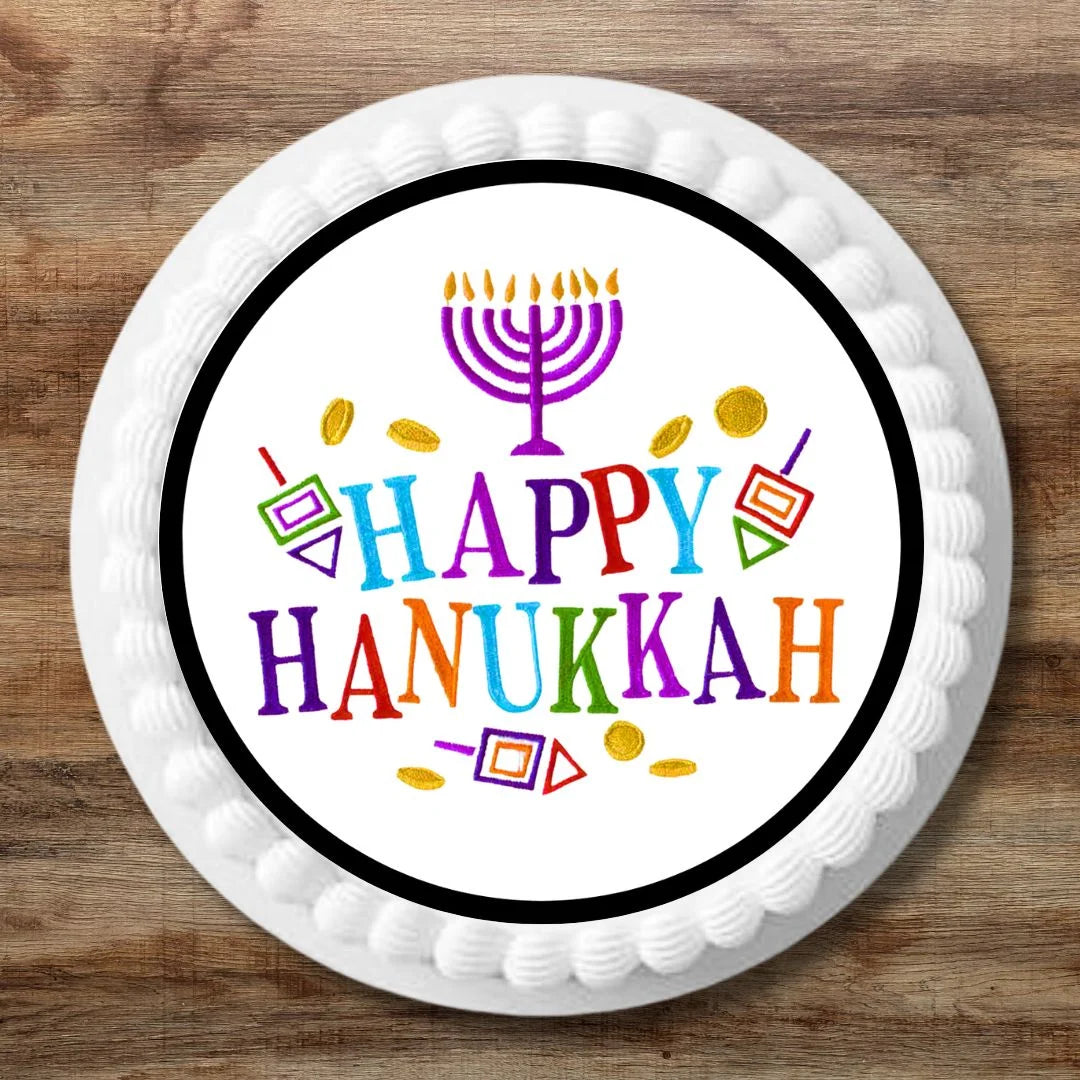 Happy Hanukkah Edible cake Topper on white frosted cakes