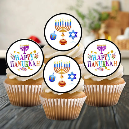 Happy Hanukkah Edible Cupcake Toppers on white frosted cupcakes