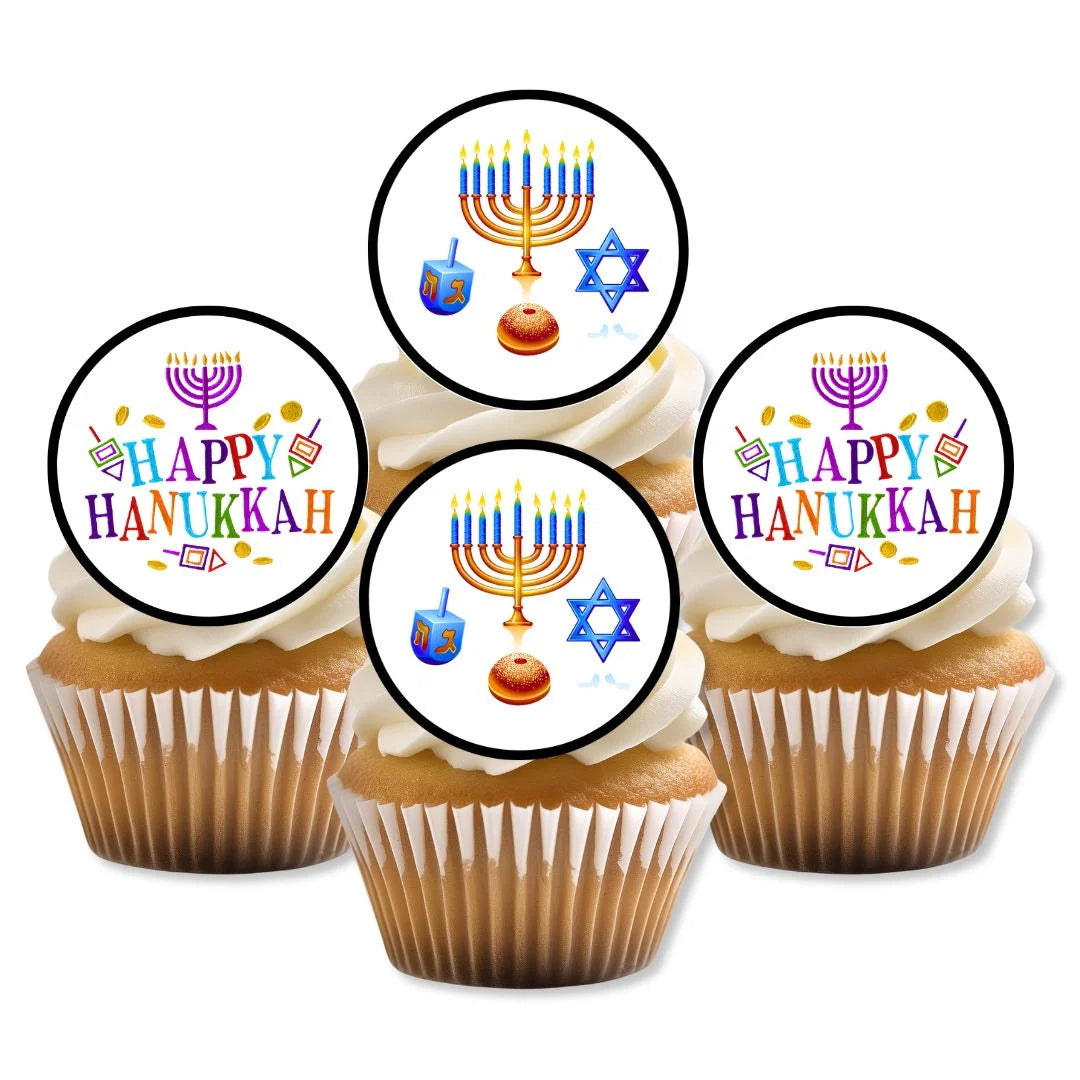 Happy Hanukkah Edible Cupcake Toppers on white frosted cupcakes 