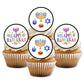 Happy Hanukkah Edible Cupcake Toppers on white frosted cupcakes 