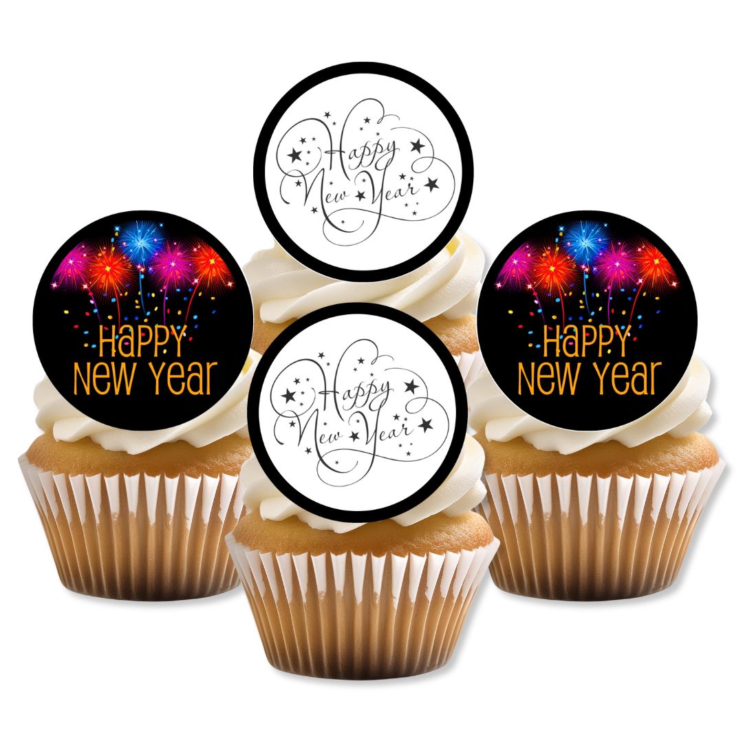 Happy New Year Edible Cupcake Toppers on white frosted cupcakes 