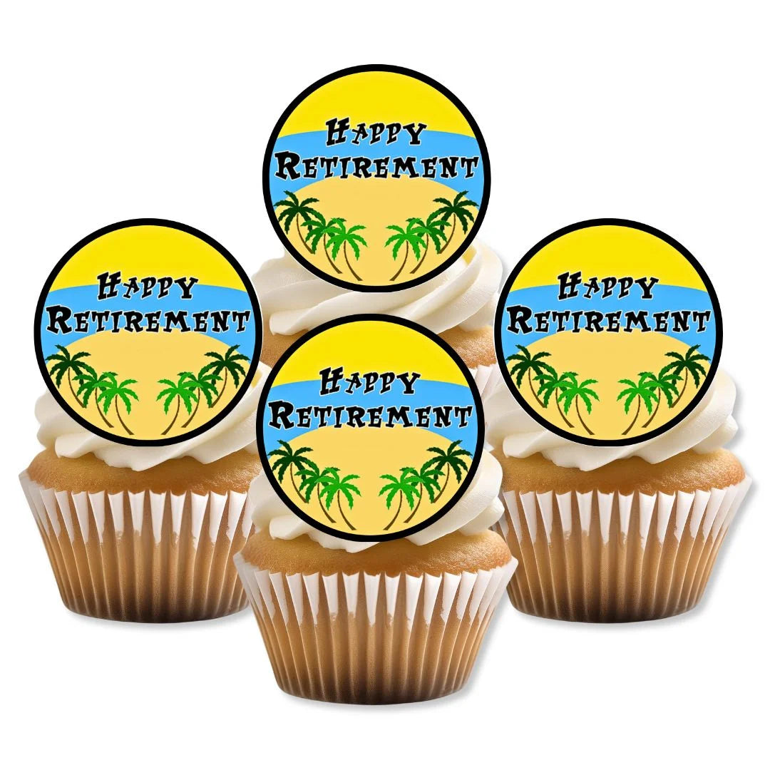 Happy Retirement Edible Cupcake Toppers with a beach theme on white frosted cupcakes 