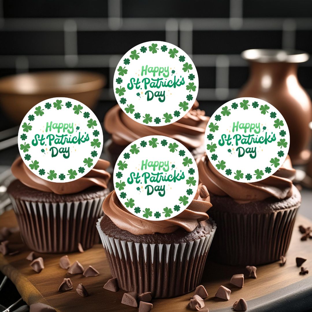 Chocolate cupcakes with 'Happy St. Patrick's Day' toppers on a wooden board.