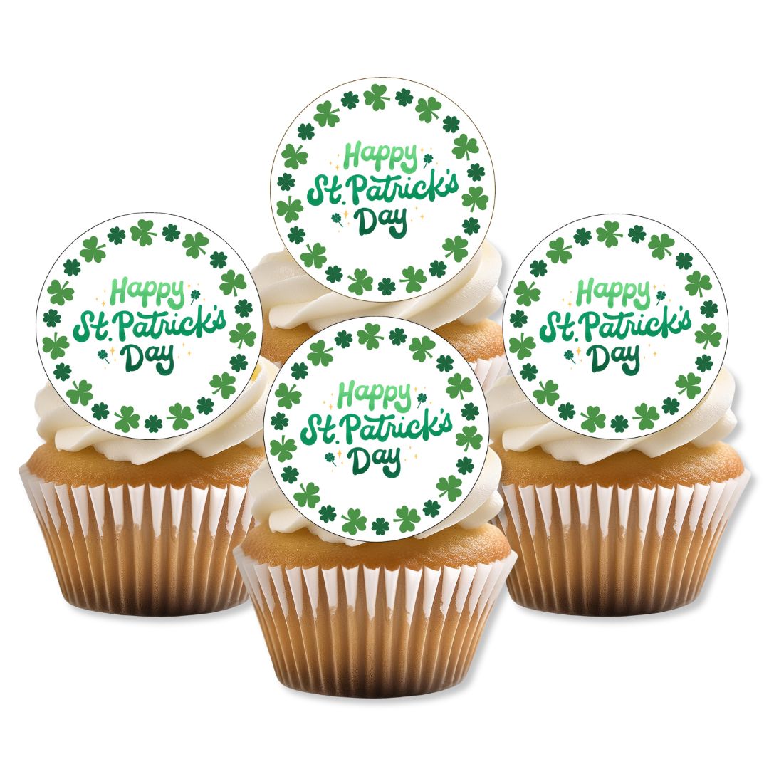 Cupcakes with 'Happy St. Patrick's Day' toppers on a white background