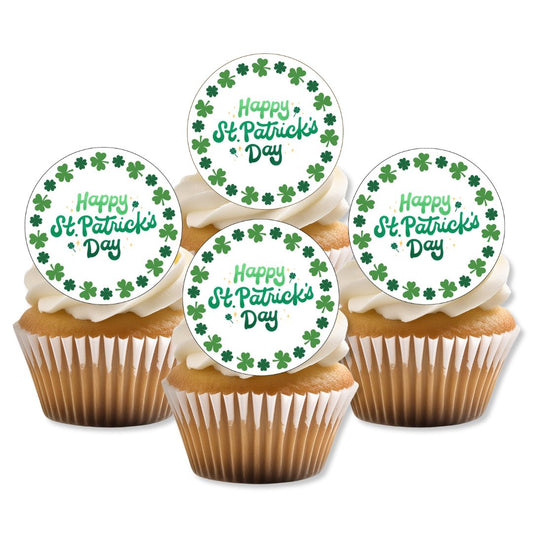 Cupcakes with 'Happy St. Patrick's Day' toppers on a white background