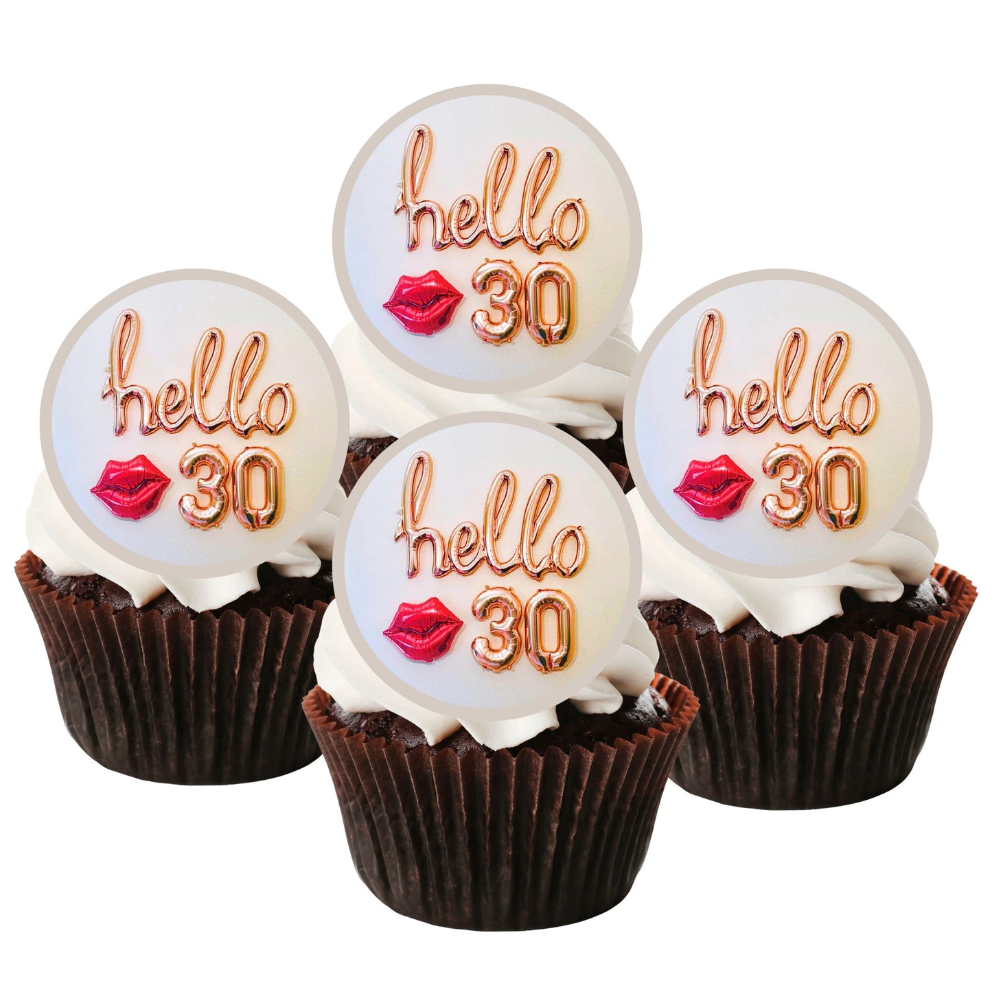 chocolate cupcakes with white frosting and hello 30 cupcake toppers close up