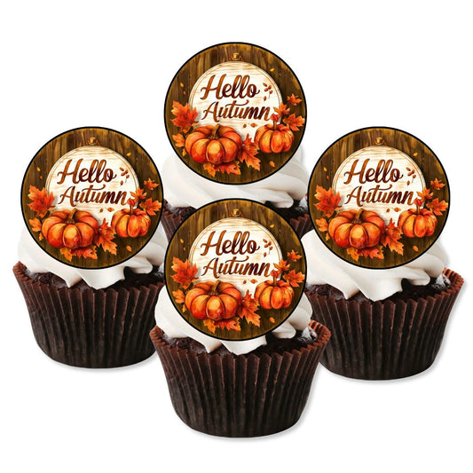 Hello Autumn Edible Cupcake Toppers on chocolate cupcake with white frosting 