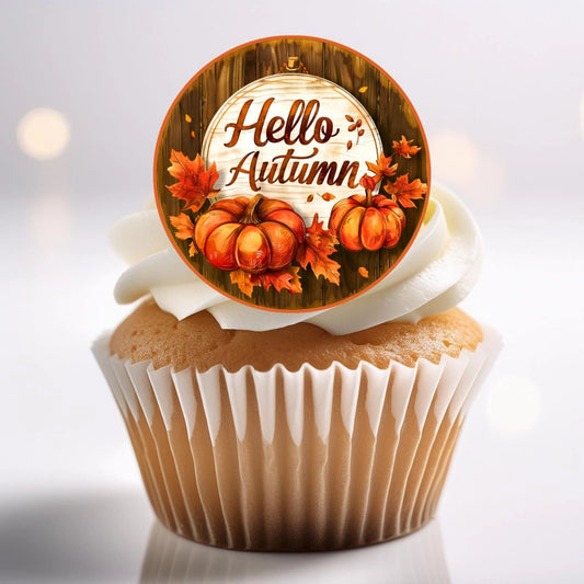 Hello Autumn Edible Cupcake Toppers on chocolate cupcake with white frosting 