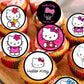 Hello Kitty Themed Edible Cupcake Toppers on pink frosted cupcakes 