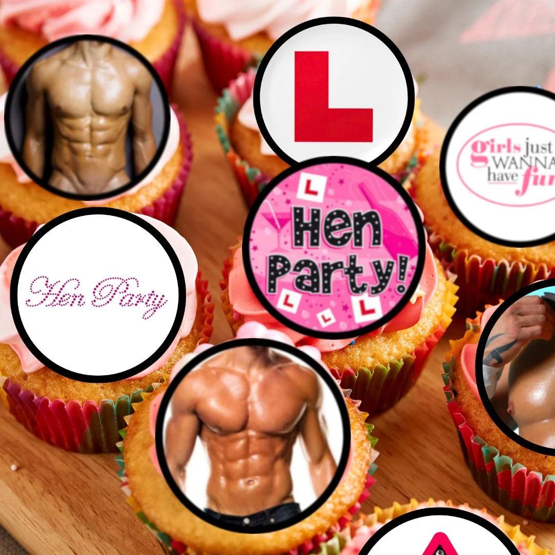 Hen Party Edible Cupcake Toppers on chocolate cupcakes with white frosting 