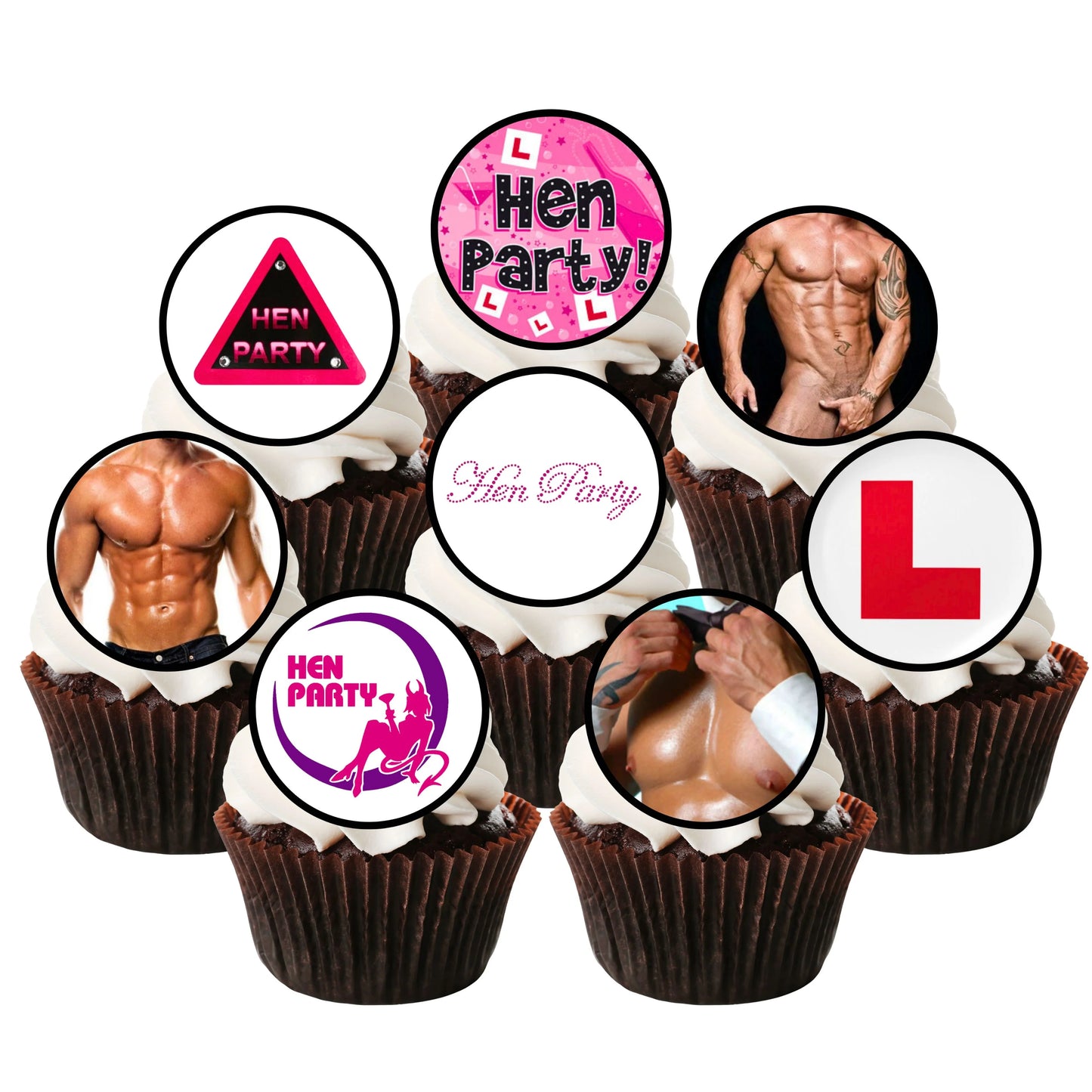 Hen Party Edible Cupcake Toppers on chocolate cupcakes with white frosting 