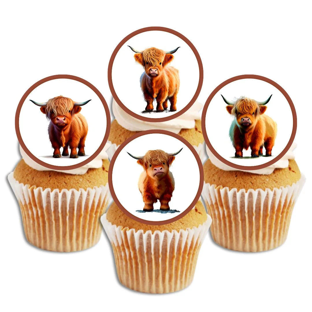 highland cow cupcake toppers on white frosted cupcakes 