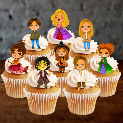 Hocus Pocus Theme Edible Cupcake Toppers on frosted cupcakes 