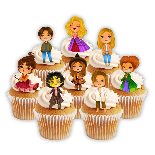 Hocus Pocus Theme Edible Cupcake Toppers on white frosted cupcakes 