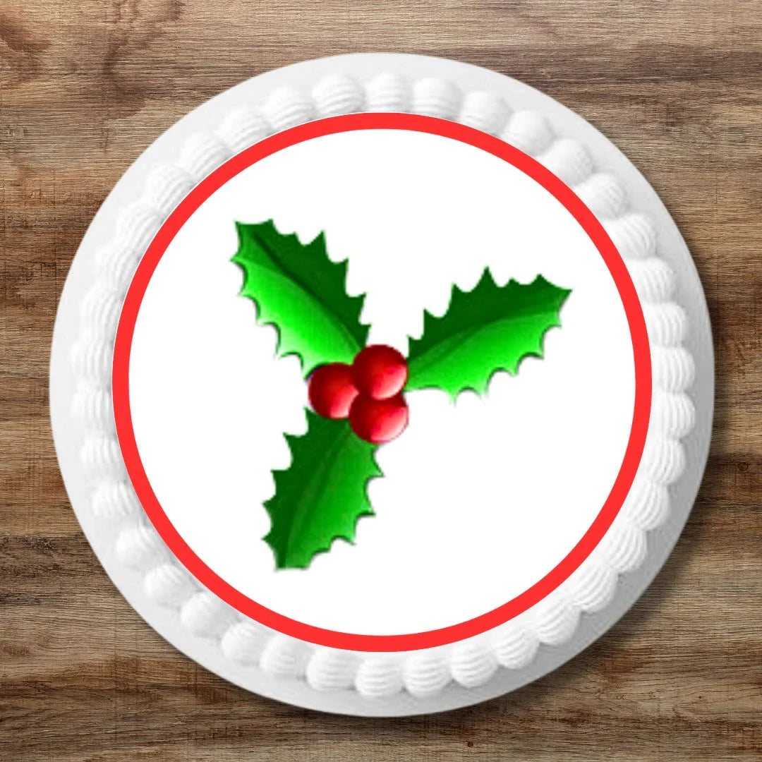 Christmas Holly Edible cake Topper on large cake with white frosting 