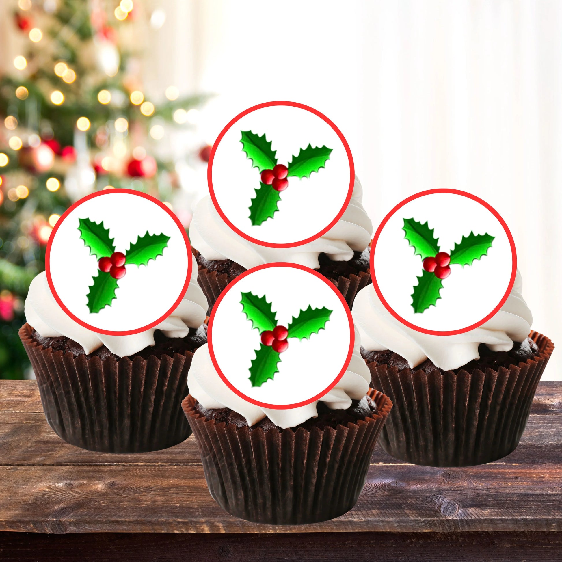 Christmas Holly Edible Cupcake Toppers on chocolate cupcakes with white frosting 