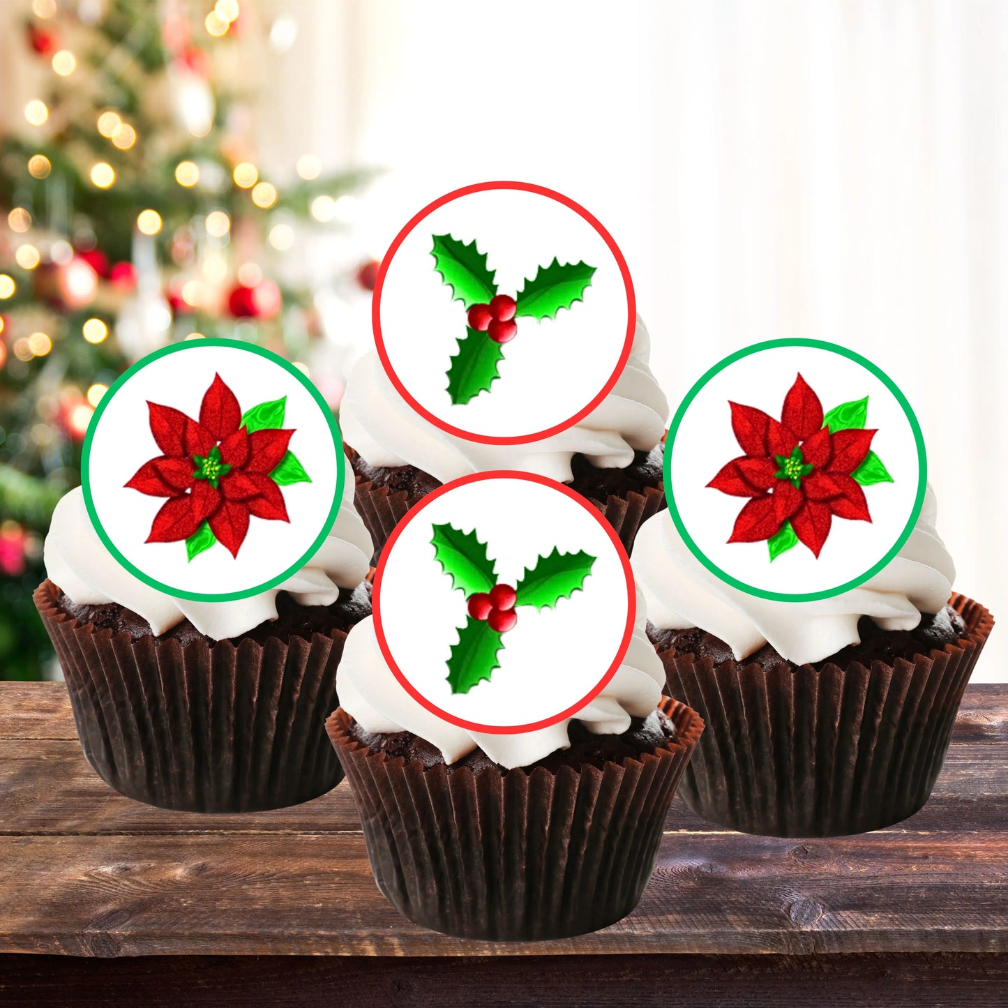 Christmas Poinsettia + Holly Cupcake Toppers on chocolate cupcakes with white frosting 