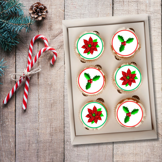 Christmas Poinsettia + Holly Cupcake Toppers on chocolate cupcakes with white frosting