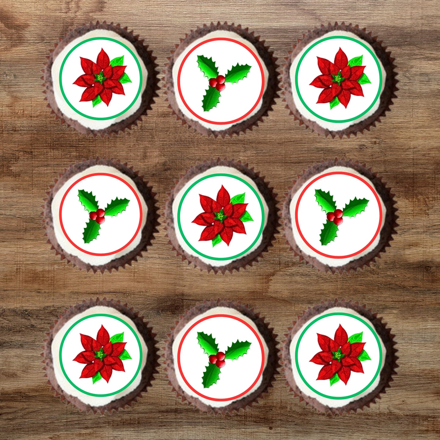 Christmas Poinsettia + Holly Cupcake Toppers on chocolate cupcakes with white frosting