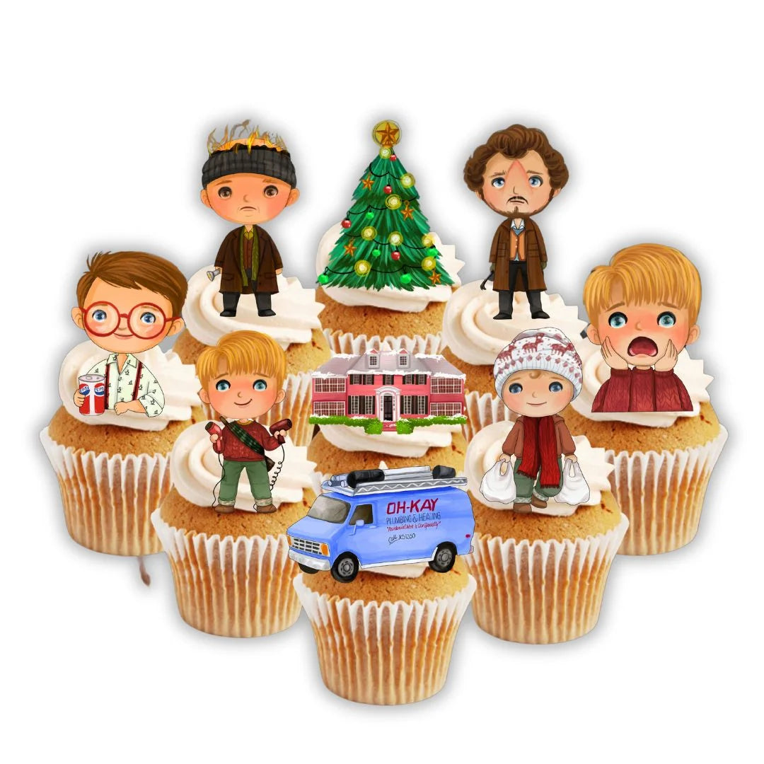 Home Alone Edible Cupcake Toppers on white frosted cupcakes 