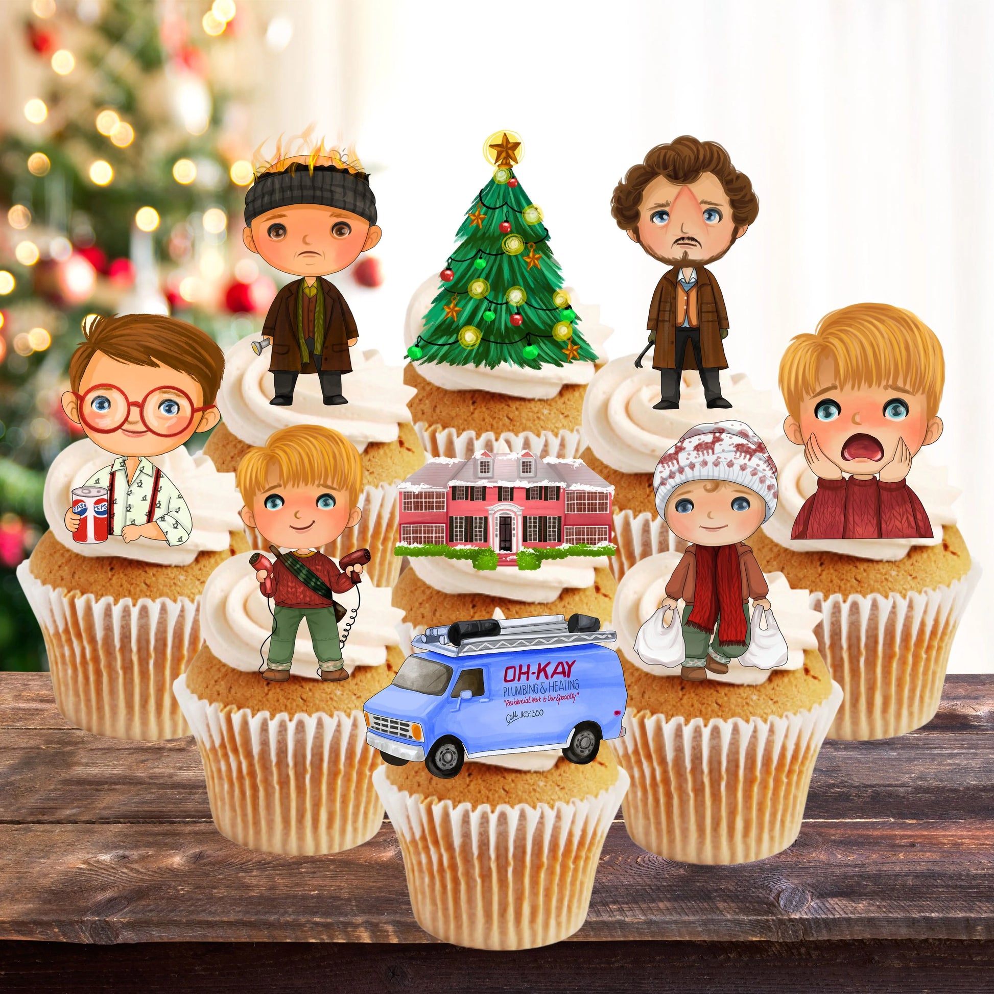 Home Alone Edible Cupcake Toppers on white frosted cupcakes