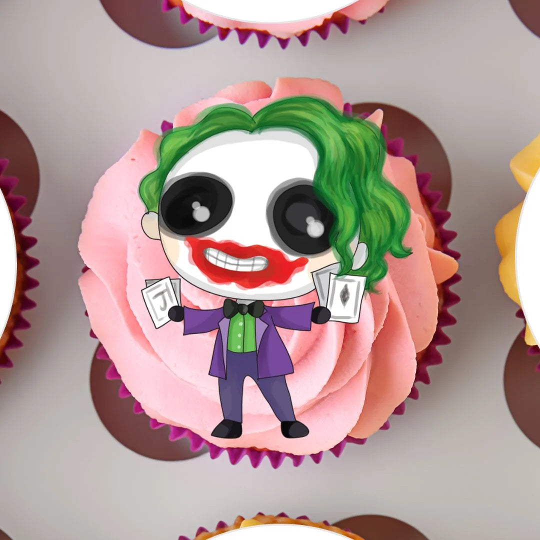 Halloween Horror Theme joker Edible Cupcake Toppers on a cupcake with pink frosting