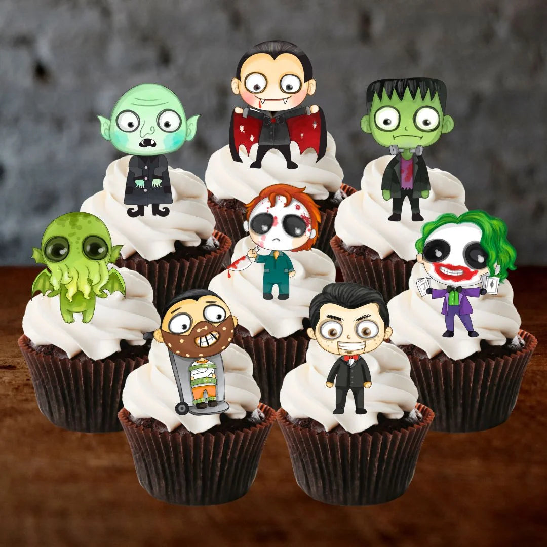 Halloween Horror Theme #2 Edible Cupcake Toppers on chocolate cupcakes with white frosting