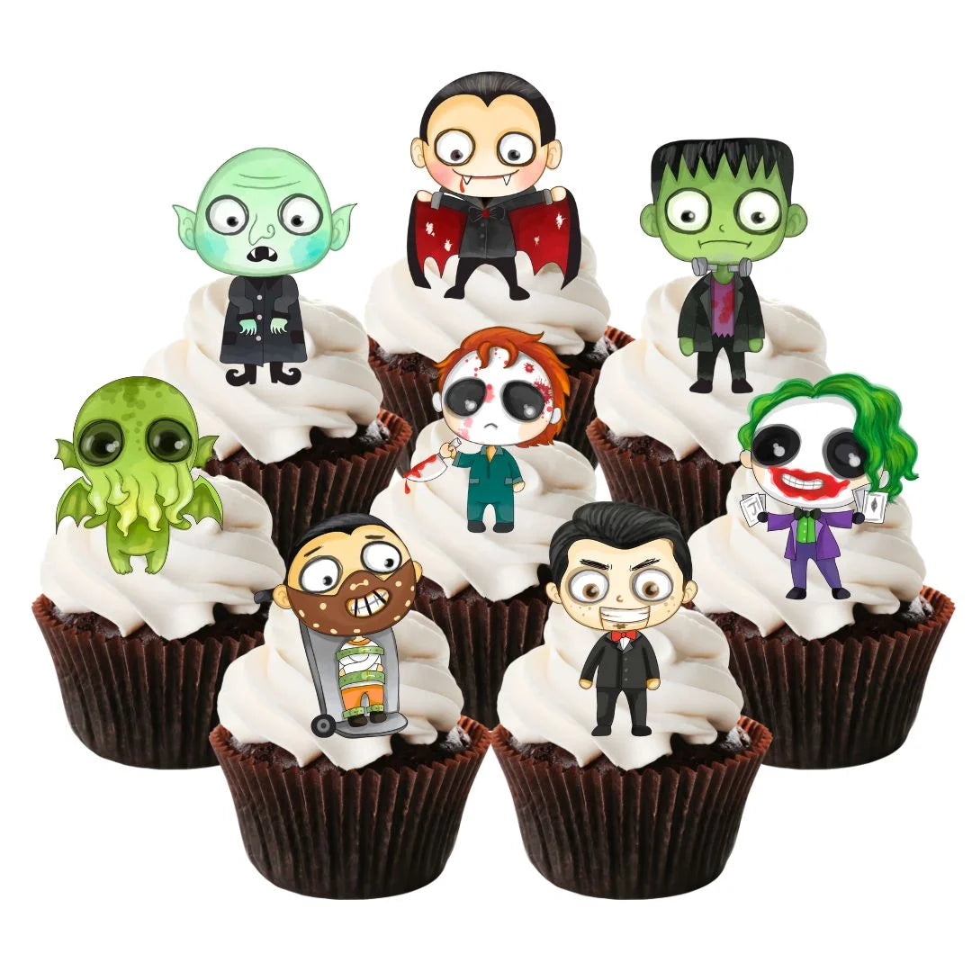 Halloween Horror Theme #2 Edible Cupcake Toppers on chocolate cupcakes with white frosting 