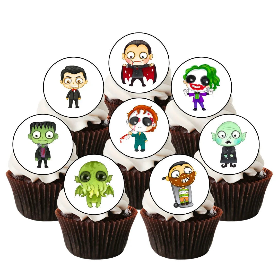 Halloween Horror Theme #2 Round Edible Cupcake Toppers on chocolate cupcakes with white frosting 