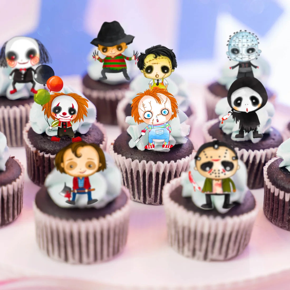 Halloween Horror Edible Cupcake Toppers on chocolate frosted cupcakes 