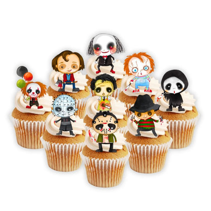 Halloween Horror Edible Cupcake Toppers on white frosted cupcakes 