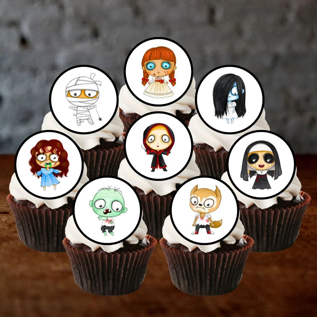 Halloween Horror Theme Edible Cupcake Toppers on chocolate cupcakes with white frosting 