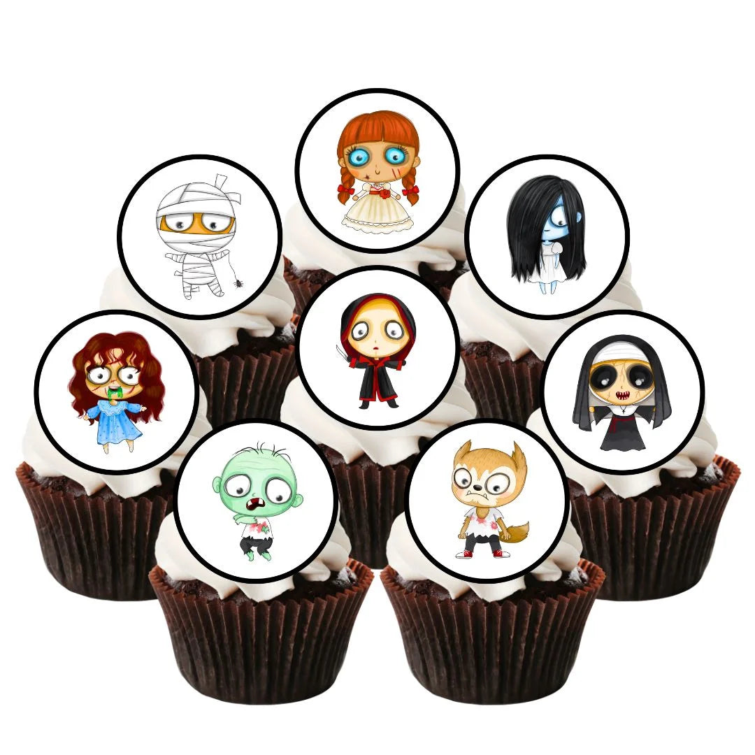 Halloween Horror Theme Round Edible Cupcake Toppers on chocolate cupcakes with white frosting 