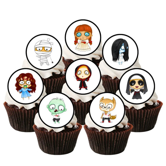 Halloween Horror Theme Round Edible Cupcake Toppers on chocolate cupcakes with white frosting 