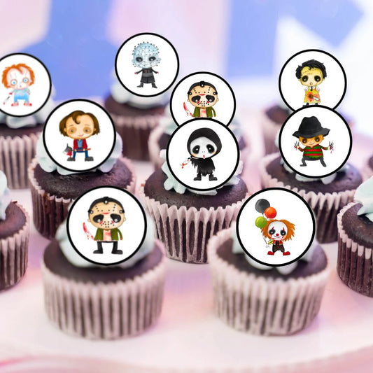 Halloween Horror Theme round Edible Cupcake Toppers on chocolate cupcakes with white frosting 