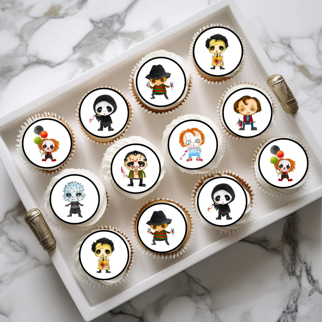 Halloween Horror Theme round Edible Cupcake Toppers on chocolate cupcakes with white frosting 