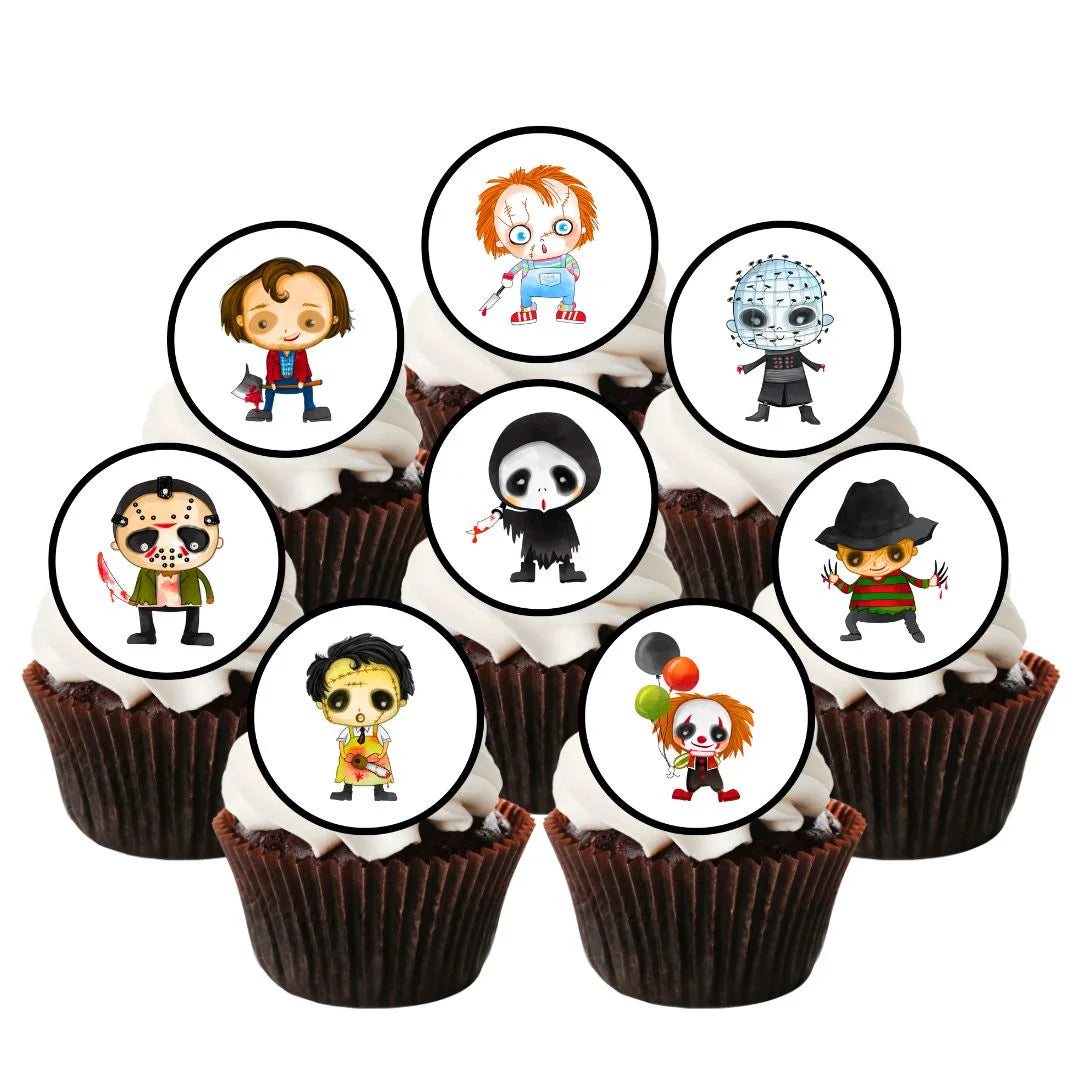 Halloween Horror Theme round Edible Cupcake Toppers on chocolate cupcakes with white frosting 