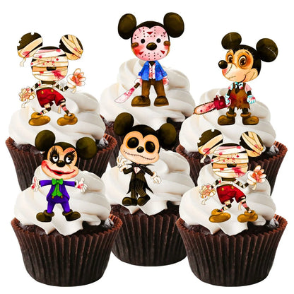 Halloween Horror Mouse Edible Cupcake Toppers on chocolate cupcakes with white frosting 