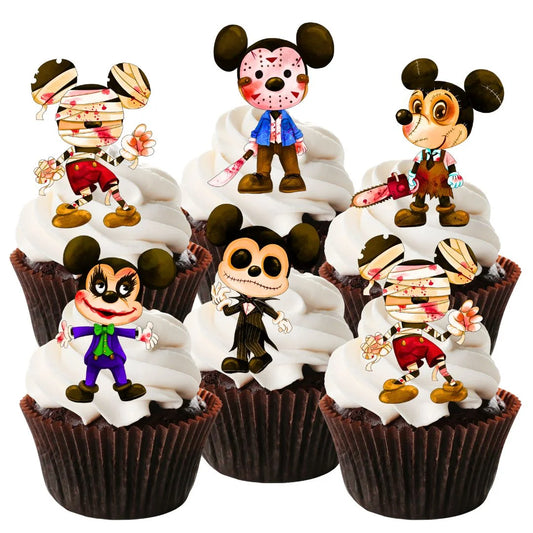 Halloween Horror Mouse Edible Cupcake Toppers on chocolate cupcakes with white frosting 