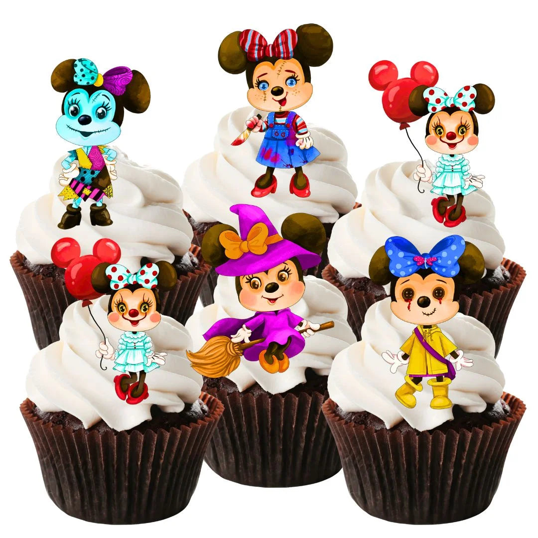 Halloween Horror Girl Mouse Cupcake Toppers on chocolate cupcakes with white frosting 