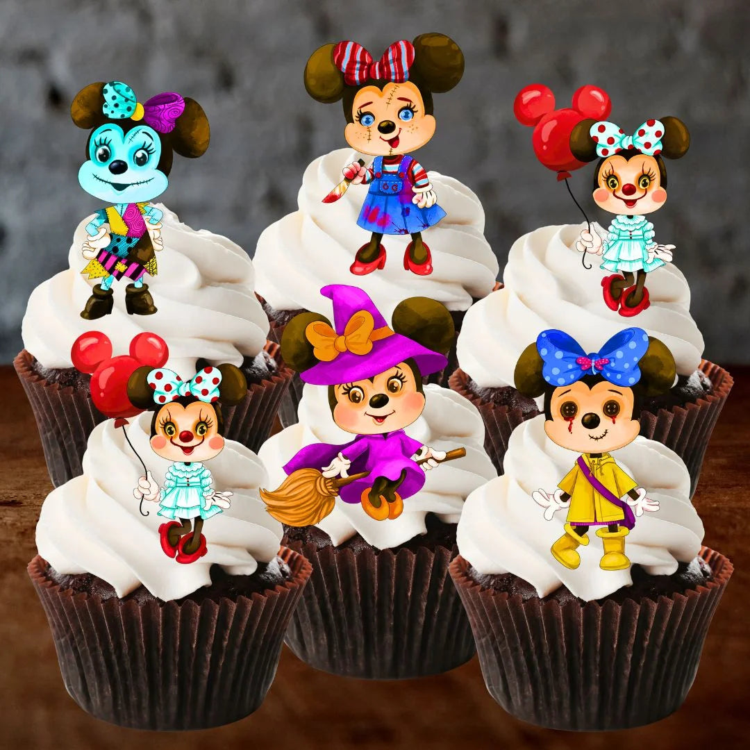 Halloween Horror Girl Mouse Cupcake Toppers on chocolate cupcakes with white frosting 