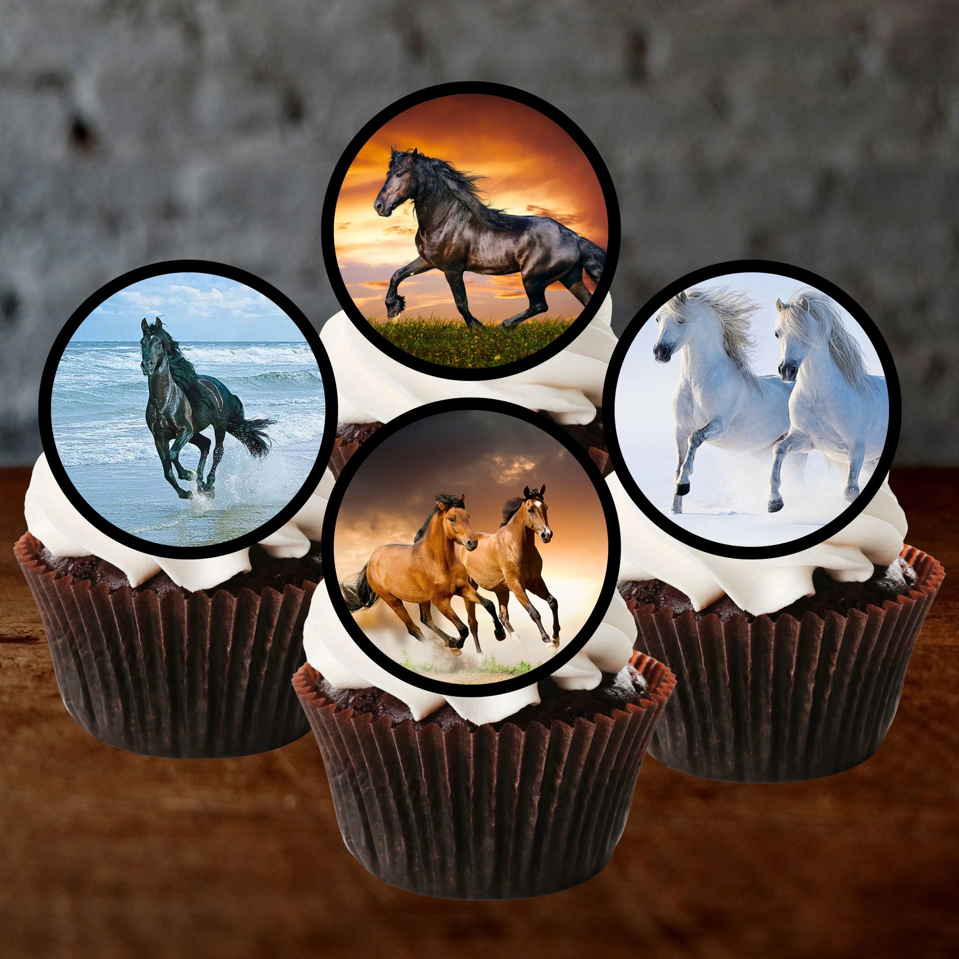 four cupcakes featuring cian's cupcake toppers with horse pictures