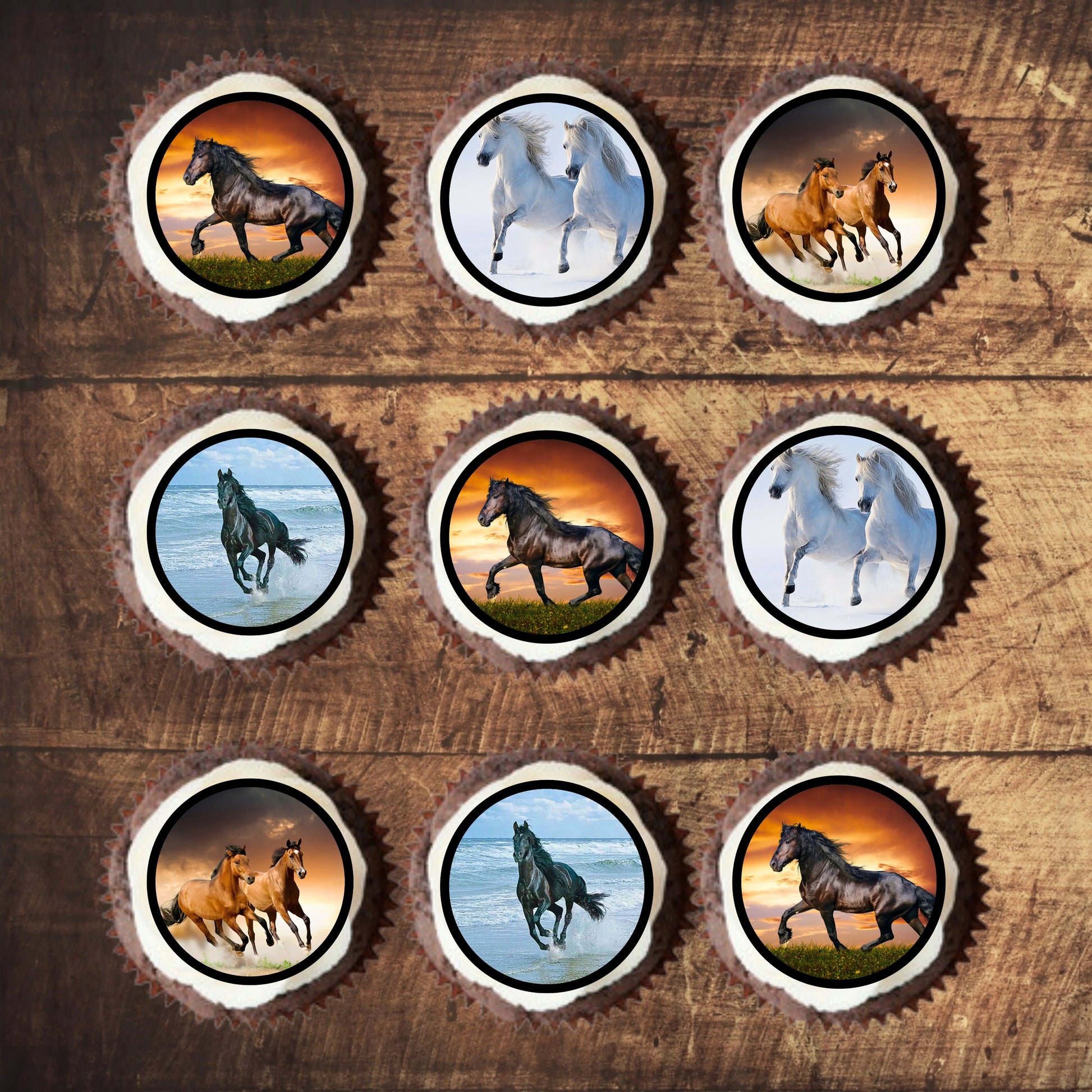 nine cupcakes featuring cian's cupcake toppers with a horse theme 